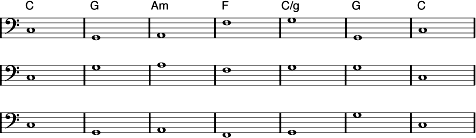 Eksempler på forskellige basstemmer for de samme akkorder