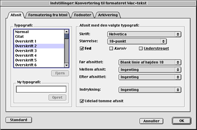 Afsnit/typografier ved konvertering til formateret Mac-tekst