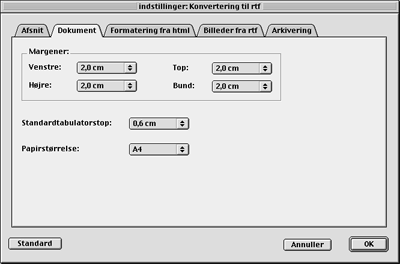 Dokument-indstillinger ved konvertering til rtf