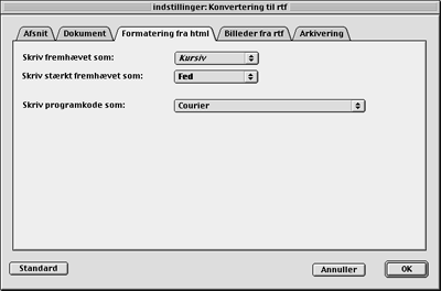 Formatering fra html ved konvertering til rtf