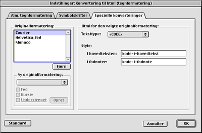Specielle konverteringer (tegnformatering) ved konvertering til html